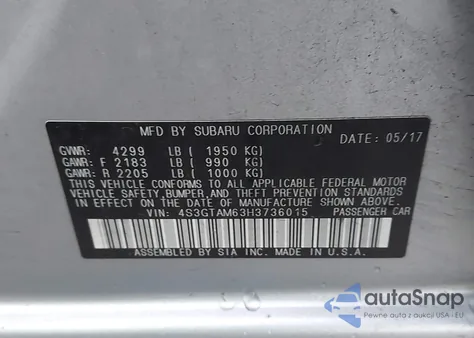 2017 Subaru Impreza 2.0I Sport z USA, uszkodzony, nr VIN 4S3GTAM63H3736015